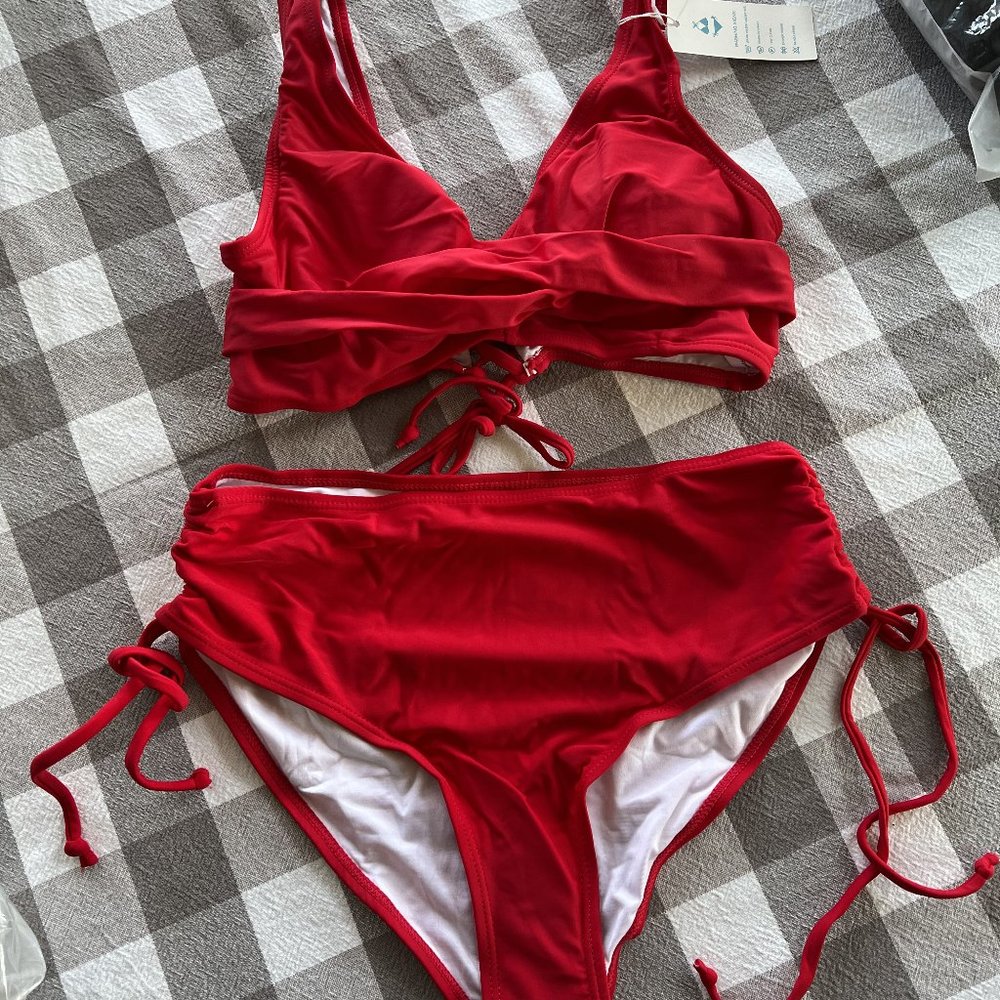 Twist Front Ruched Bottom Solid Color Bikini Set